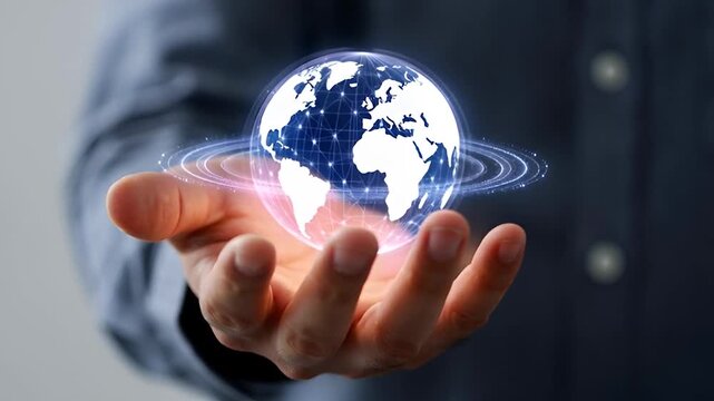 A person holding a glowing digital globe in their hand with a futuristic interface