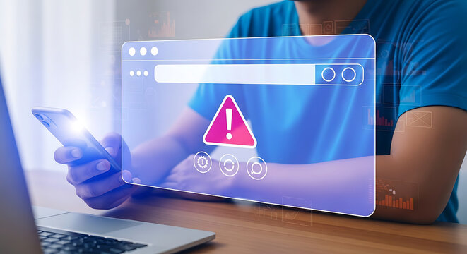 Warning symbol displayed on a smartphone screen with a man in the background holding the phone and a laptop in the foreground