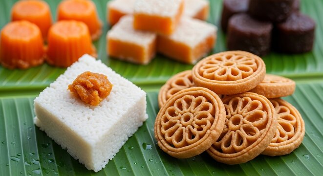 Close-up of traditional Sinhala and Tamil New Year Avurudu sweets, including Kiribath with Kithul Jaggery, Kokis, Aluwa, Kalu Dodol, and Mung Kavum, arranged on a vibrant green banana leaf