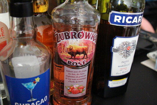 View on bottle labels with logo lettering of zubrowka biala vodka