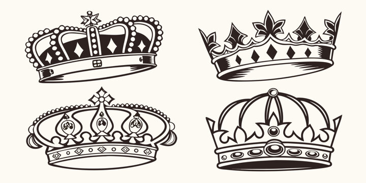 four different royal crowns in black and white Vector