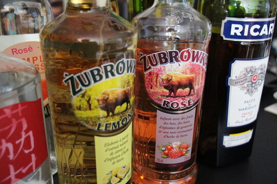 View on bottle labels with logo lettering of zubrowka biala vodka