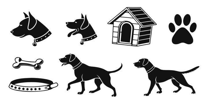 black dog icons and doghouse with bone and bowl Vector
