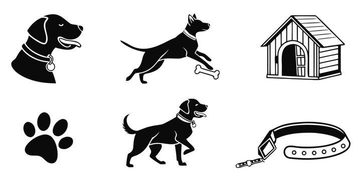 black dog icons with doghouse and leash Vector
