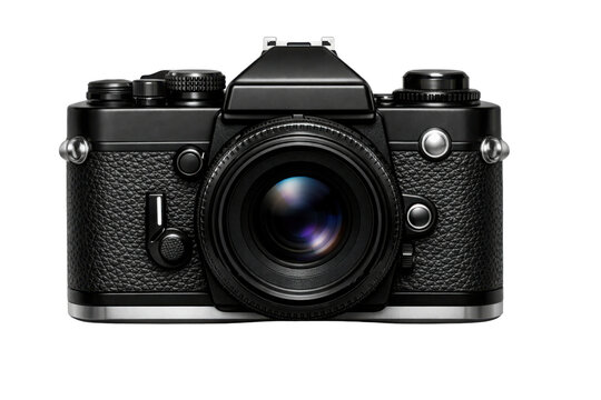Front view of a sleek black vintage film camera with silver accents, isolated on a clean white background, showcasing classic photography equipment for creative projects.