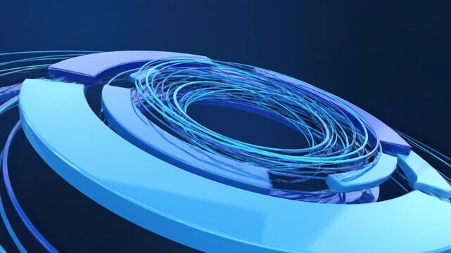 A blue-colored abstract image of glowing neon-like tubes curled on a flat surface with geometric shapes in the background, possibly used for technology or futuristic concepts