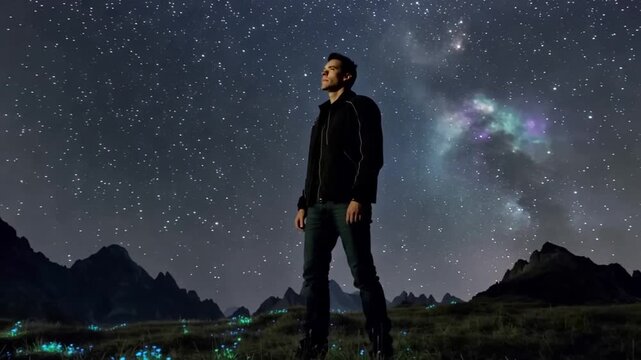 A man gazes up at the starry night sky with the Milky Way visible in the mountains