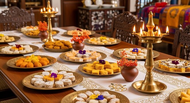 Authentic Sinhala and Tamil New Year Avurudu Kema Mesaya with traditional sweets and brass oil lamps on an ornately carved table
