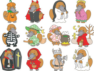 Fototapeta premium Cute set of platypus sticker with activity. Platypus 