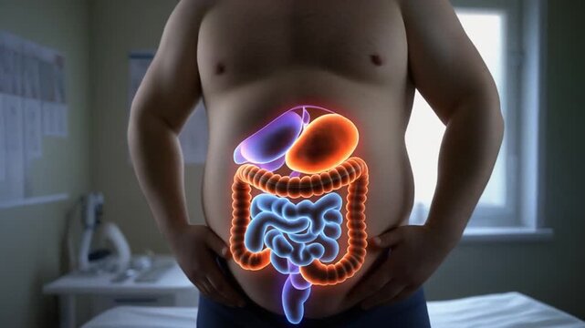 Obese man with highlighted digestive system and intestines in a medical examination room