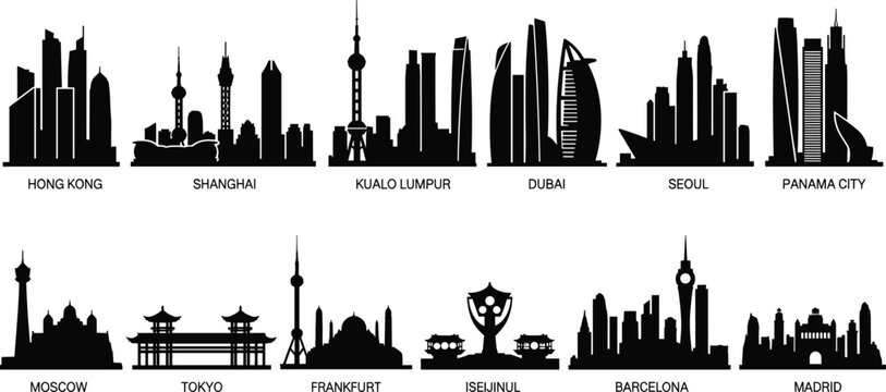 World city skylines silhouettes collection, famous global landmarks including Hong Kong Shanghai Dubai Tokyo and Barcelona, urban skyline vector illustration isolated on white