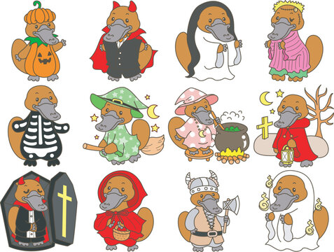 Cute set of platypus sticker with activity. Platypus 
