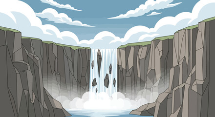 A powerful waterfall cascades into a misty pool between jagged cliffs © jons