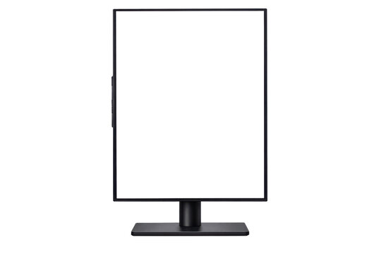 Modern black computer monitor with a blank white screen, oriented vertically, ideal for showcasing digital content, apps, or website designs with ample copy space on a clean white background