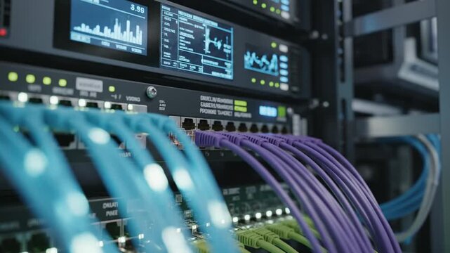 Server room cables connected to network switches in data center background