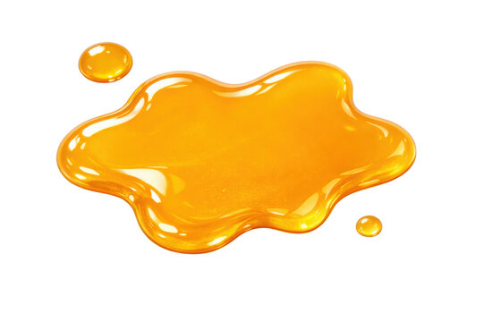 Golden yellow honey puddle with two small drops isolated on a clean white background, showcasing a glossy, viscous texture perfect for food and sweet-themed designs
