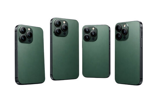 Four modern green smartphones with triple camera systems, showcasing sleek design and matte finish on a clean white background, ideal for technology product mockups and advertising.