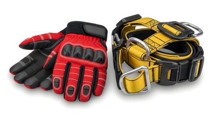 Fototapeta premium Protective gear set includes gloves and a safety harness. The red and black gloves next to a yellow safety harness, designed to ensure protection