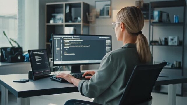 Woman coding on computer in office with dual monitors, sitting at desk, working on software development project with blurred background of shelves