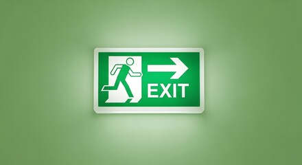 Emergency Exit Sign on the green background. The sign glows brightly, guiding people towards safety. 