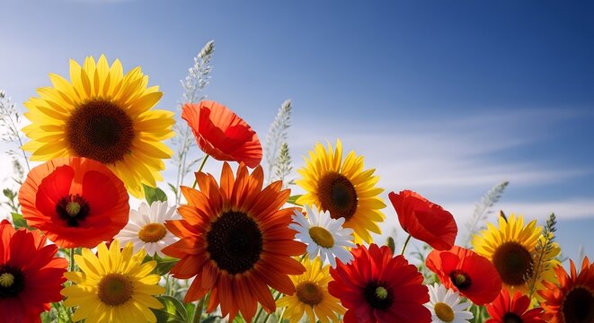 A vibrant field of colorful sunflowers, red poppies, and white daisies blooming under a clear blue sky.