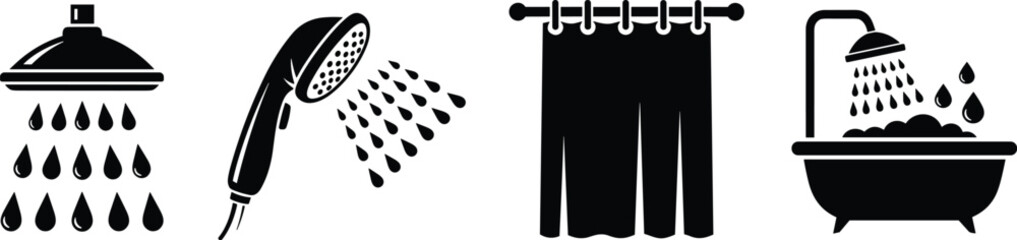 Bathroom shower equipment silhouette collection including shower head, handheld shower, bathtub and curtain icons set isolated on white background for hygiene and bathroom design © MstParul