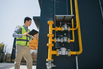 Engineer inspecting gas pipeline valves and equipment on site