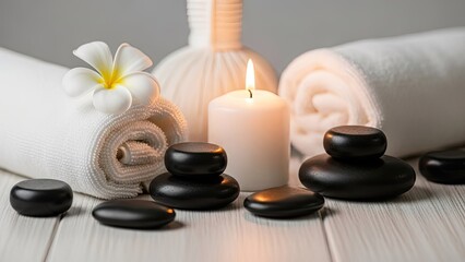 A serene spa setup with candles, towels, and hot stones for relaxation