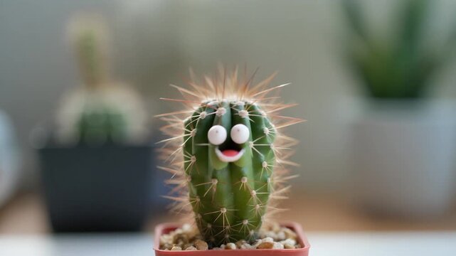 A tiny cactus shaking slightly like it is laughing, bright desk scene, macro detail, humorous concept, 4K, 5 seconds
