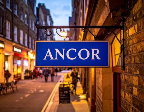 Blue Ancor sign on city street.