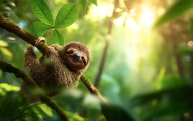 Fototapeta premium Sloth Hanging from Tree in Amazon Rainforest During Sunny Day