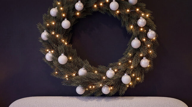 Festive Holiday Wreath with White Baubles on Dark Modern Wall