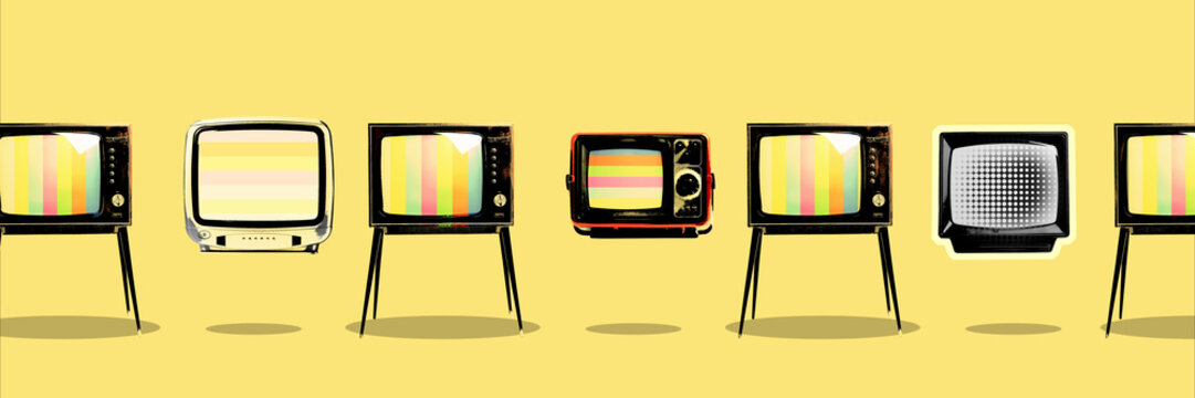 Creative art collage with retro TV sets on pale orange background