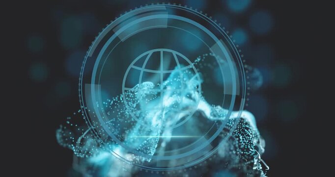 Title 'Cyber Security' fading cloud melding into HUD while scan line sweeping globe forming badge