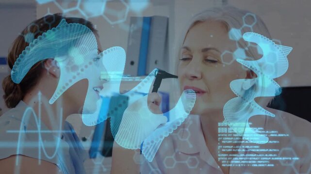 Clinician raising device at patient face, conducting eye exam with holographic data over faces