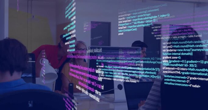 Woman in red leaning, pointing at monitor in open office, team reviewing tech, code overlay moving