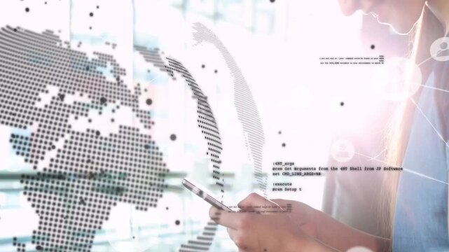 Businesswoman tapping phone, accessing global data, starting globe, code and network icons syncing