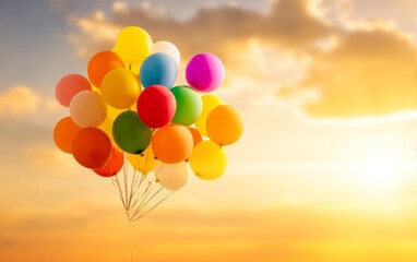 Fototapeta premium Cluster of Colorful Balloons Drifting Upward Against a Bright Sky at Sunset