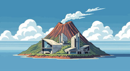 Tropical island with a smoking volcano and modern architecture © Tawang