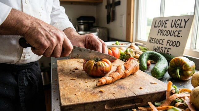 Chef Chopping Imperfect Organic Vegetables to Reduce Food Waste. Represents ugly produce, sustainable cooking, and environmental awareness.