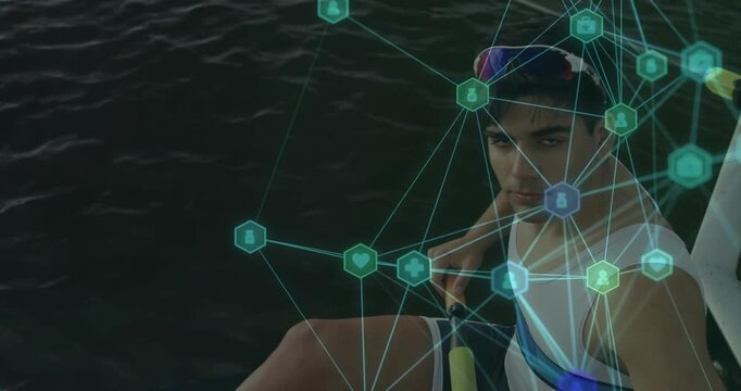 Vertical video: Reacting to AR overlay rower in white top adjusting oar grip, lowering gaze at lake