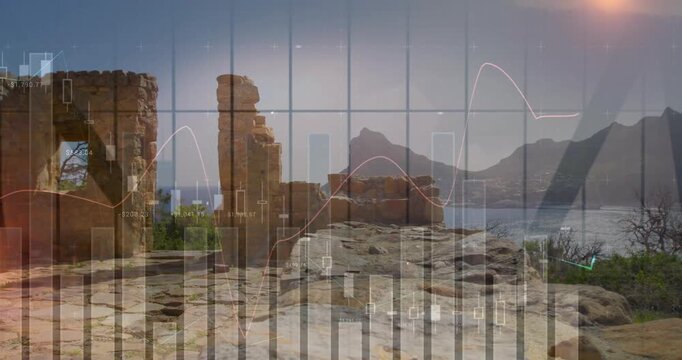 Ruined stone wall on rocky coast, overlay fading in and animating financial charts showing trends