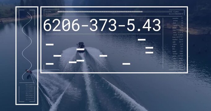 Boat operator accelerating motorboat, towing rider while HUD updating numeric codes for watersports