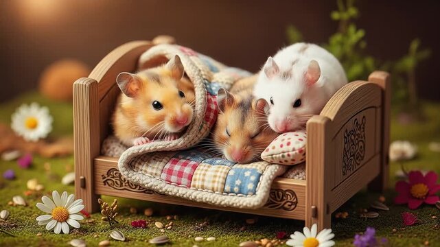 cozy mice in a carved wooden cradle with blankets in a sunny garden