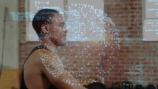 Male trainee gripping weight and performing reps for fitness, holographic code overlaying motion