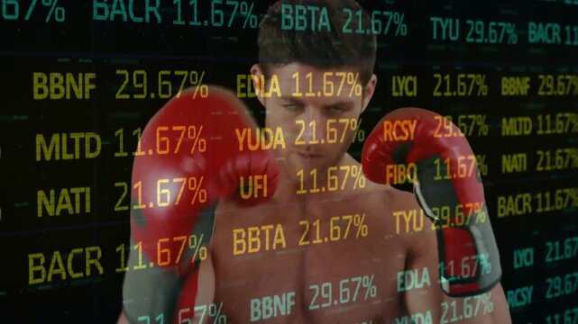 Male boxer shifting guard with finance tickers updating across frame, red gloves blocking percent