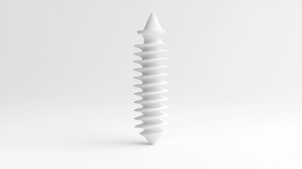 A white, three-dimensional, abstract sculpture with a pointed top and spiraling body.