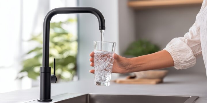 The glass of water being filled from modern black kitchen faucet in bright home