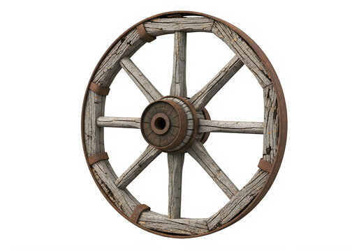 A rusty old wagon wheel with a worn wooden rim isolated on transparent background