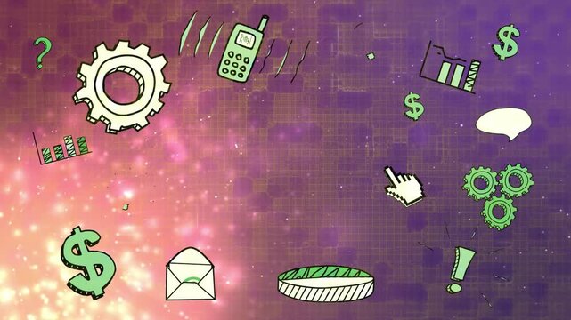 Cursor entering, icons animating, envelope opening, pie filling for communication and finance